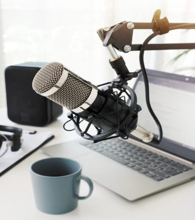 Live online radio broadcasting station desk, entertainment and communication concept