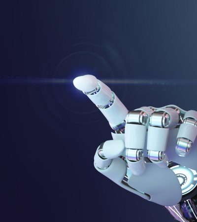 Cyborg 3D hand pointing background, technology of artificial intelligence